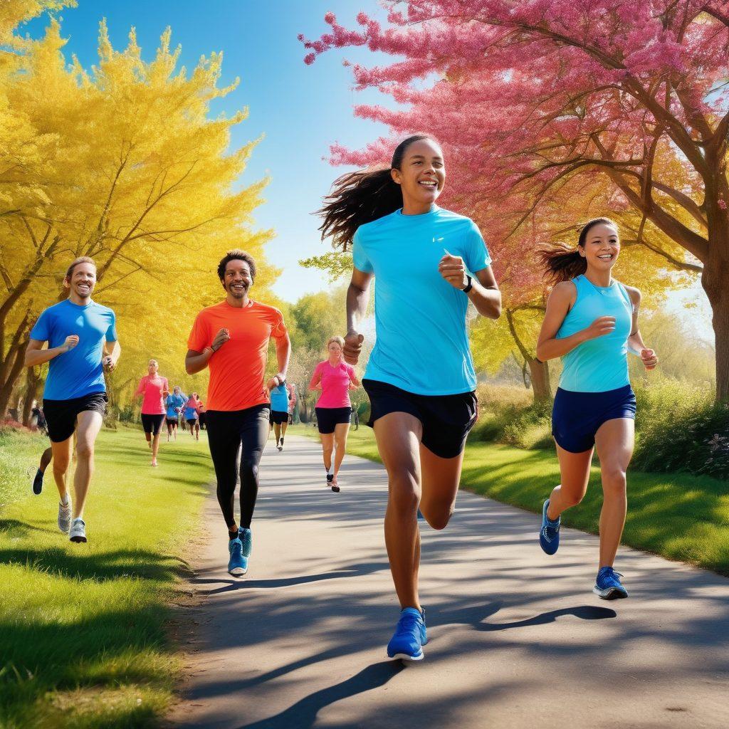 A diverse group of runners, including men and women of different ages, joyfully running in a sunny park. Each runner is wearing vibrant and stylish performance apparel, showcasing a variety of colors and designs. The background features blossoming trees and a clear blue sky, symbolizing freedom and vitality. Striking energy and movement are captured, with some runners wearing headphones, emphasizing a personal connection to their run. super-realistic. vibrant colors. sunny atmosphere.