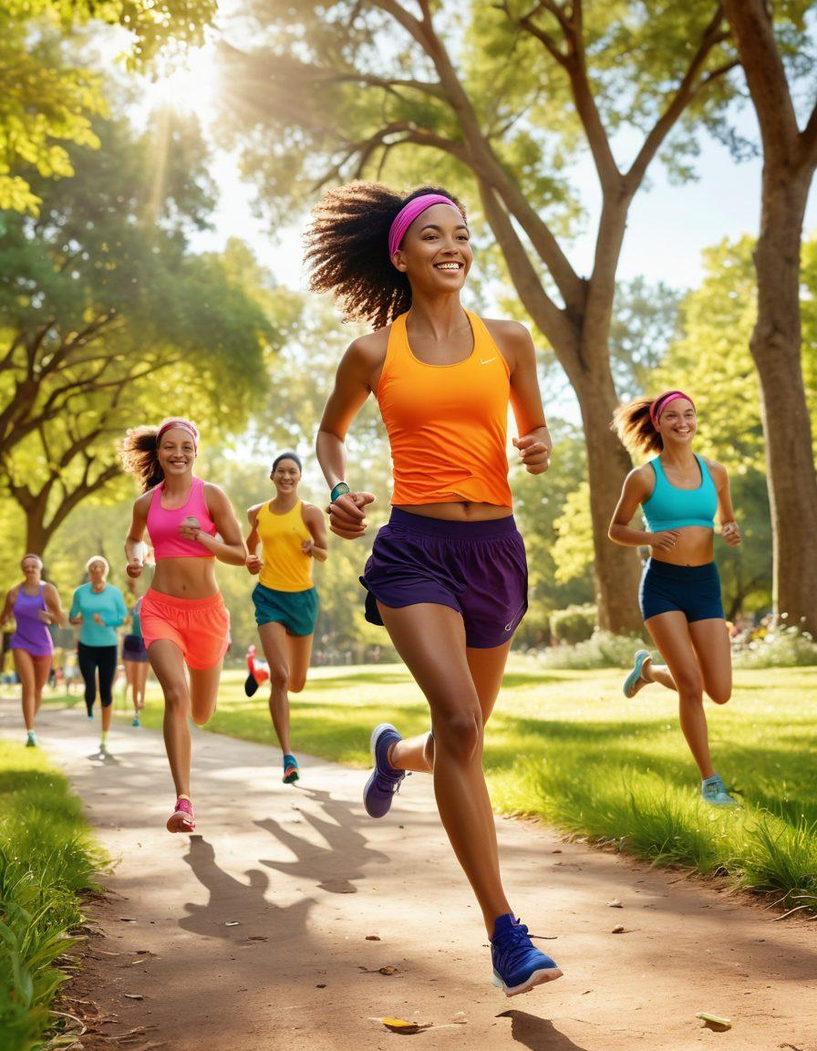 A bright and energetic outdoor scene showcasing diverse individuals joyfully running in vibrant, stylish running gear. Include colorful apparel, supportive shoes, and accessories like headbands and water bottles. The background features a sunlit park with trees and playful other runners, exuding a sense of community and enthusiasm. Emphasize movement and happiness with dynamic poses and cheerful expressions. super-realistic. vibrant colors. sunny atmosphere.