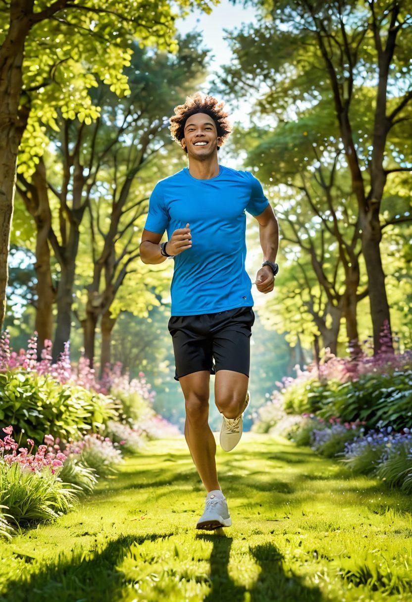 A vibrant scene of a joyful person running in a lush park, showcasing dynamic movement with light rays filtering through trees. The focus should be on a close-up of modern, stylish running trainers and their features like cushioning and grip. Include a colorful backdrop of blooming flowers and a bright blue sky, evoking a sense of freedom and happiness. super-realistic. vibrant colors. 3D.